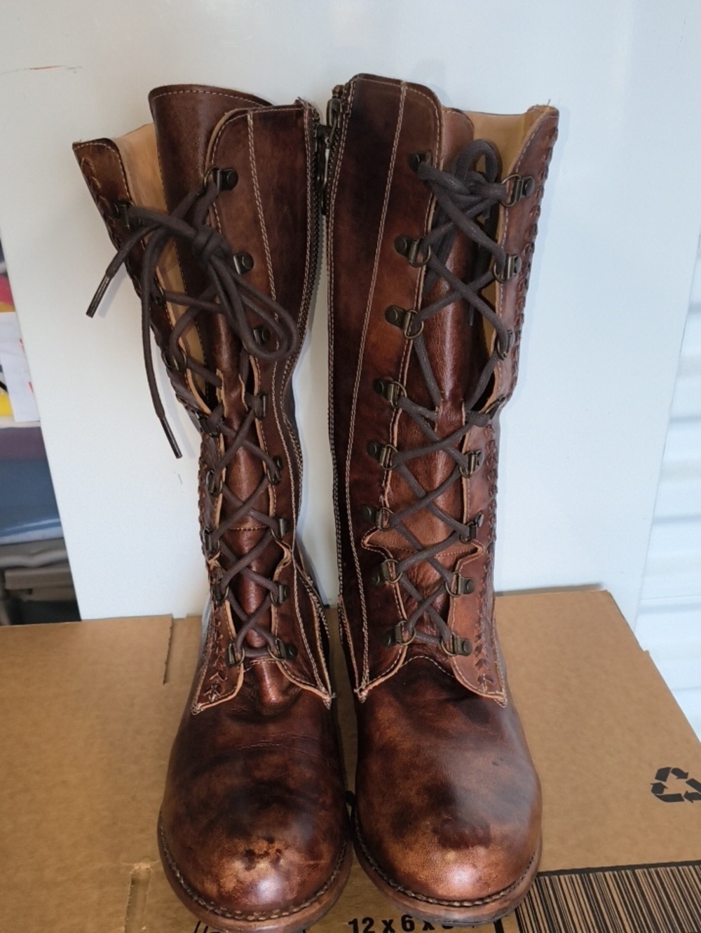 Bed Stu Cobbler Series Brown Leather Knee High Lace-Up Zip Boots US 11M UK 8